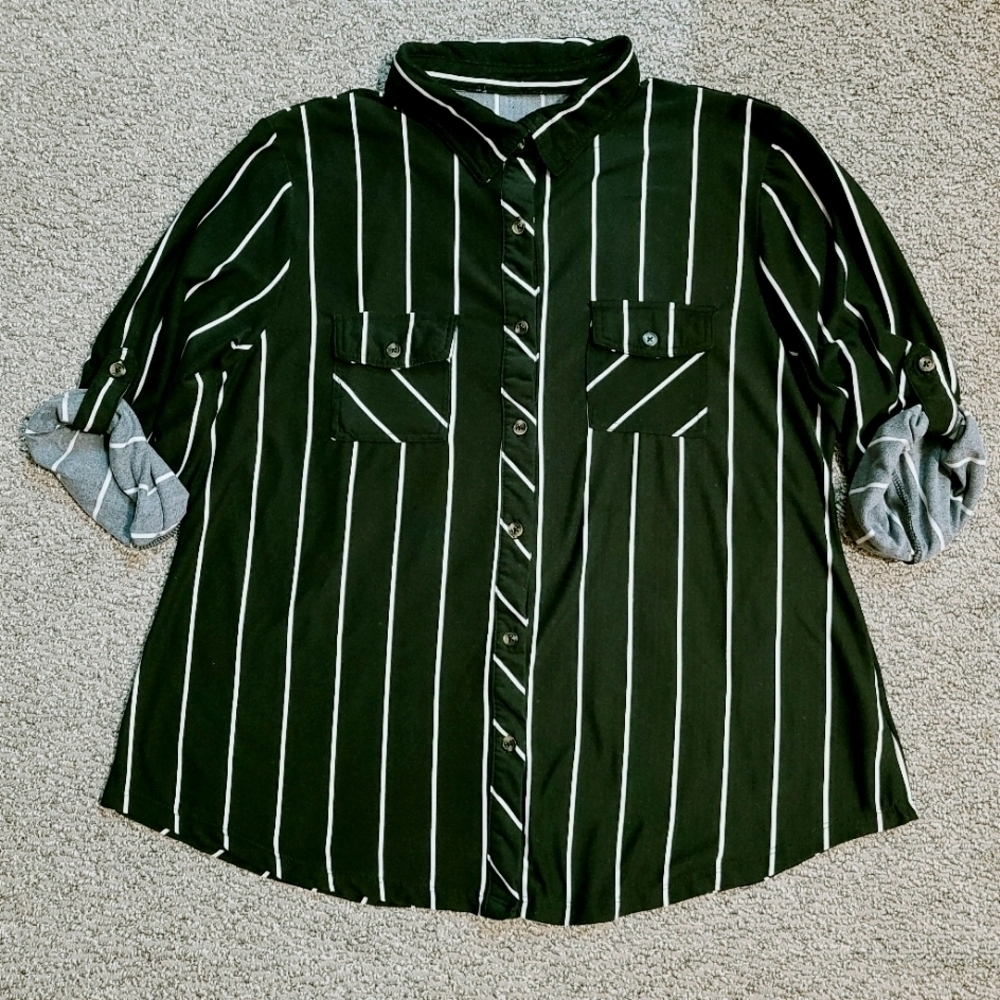 Urban Planet Striped Button Down Shirt Oversized Long Sleeves Black White Large